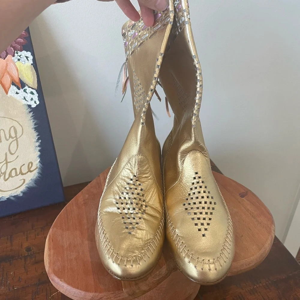 Vintage 80s Compulsion Leather Dress Gold Fringe Moccasins size 7.5M Brazil - Picture 2 of 14